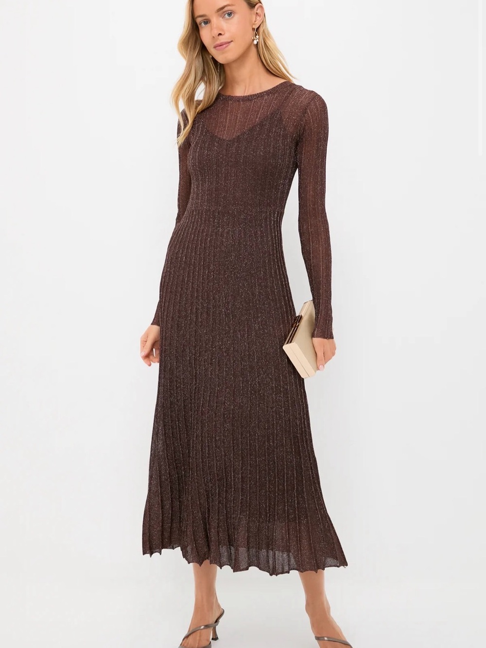 Tuckernuck Exclusive Moon River Brown Metallic Ribbed Long Sleeve Maxi Dress